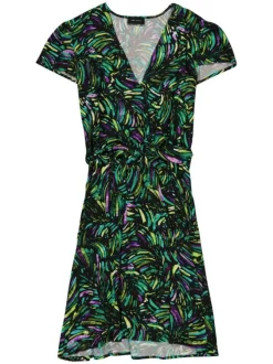 Robe courte verte imprimé tropical avec une coupe portefeuille et un col v