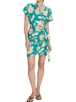 Robe courte verte à motifs floraux avec une coupe ajustée et un col cache-coeur