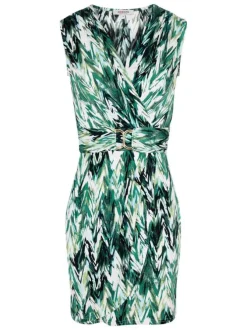 Robe courte verte à motif tropical avec une coupe portefeuille et un col croisé