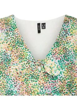 Robe courte verte tacheté à coupe droite col v et à manches courtes