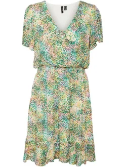 Robe courte verte tacheté à coupe droite col v et à manches courtes
