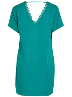 Robe courte verte unie à coupe droite col v et à manches courtes
