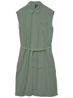 Robe courte verte unie style chemise à coupe cintrée, col à revers sans manches