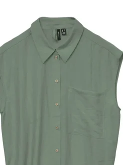 Robe courte verte unie style chemise à coupe cintrée, col à revers sans manches