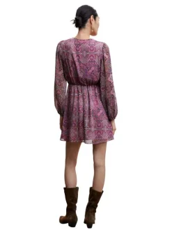 Robe courte violette fleurie coupe droite col v et à manches longues