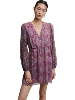 Robe courte violette fleurie coupe droite col v et à manches longues