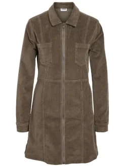 Robe courte zippée en coton taupe en velours côtelée avec un col à revers