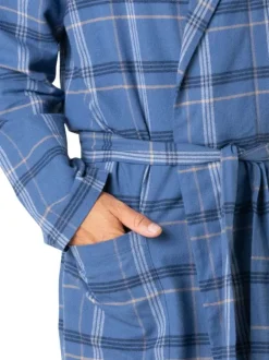 Robe de chambre mi-longue en coton bleue à carreaux avec une ceinture