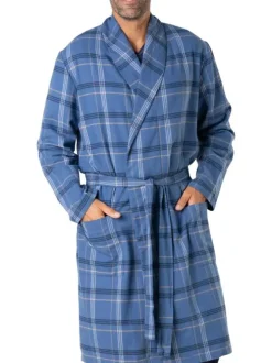 Robe de chambre mi-longue en coton bleue à carreaux avec une ceinture