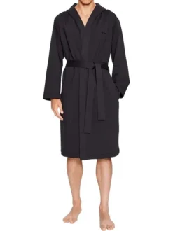 Robe de chambre noire unie en coton avec manches longues er à capuche