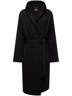 Robe de chambre noire unie en coton avec manches longues er à capuche