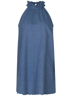 Robe en jean courte en coton indigo unie pourvue d'une coupe large