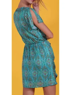 Robe à imprimé floral pour femme verte coupe évasée CARMEN