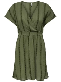 Robe légère courte kaki rayée avec une coupe fluide et un col cache-coeur