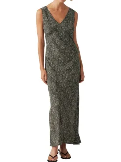 Robe longue anthracite avec des motifs une coupe droite et une col v