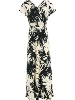 Robe longue beige à imprimé tropical noir cintrée à col v et à manches courtes