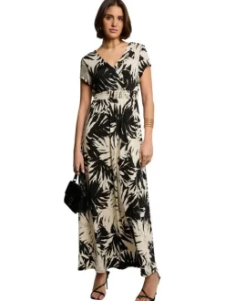 Robe longue beige à imprimé tropical noir cintrée à col v et à manches courtes