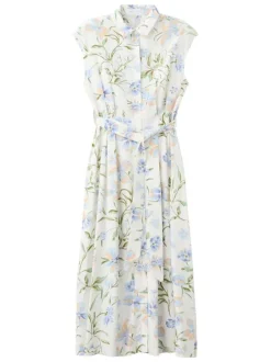 Robe longue beige à motifs pourvue d'un col chemise et d'une coupe évasée