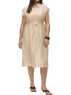 Robe longue beige unie avec une coupe droite à col français sans manches