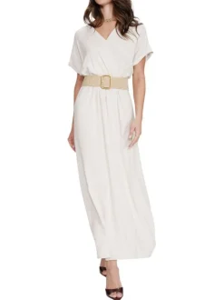 Robe longue beige unie avec une coupe fluide et un col V croisé