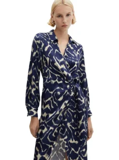 Robe longue bleue imprimé abstrait avec une coupe midi et un col v à revers