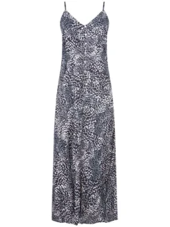 Robe longue bleue imprimée abstrait avec une coupe droite fluide et un col v