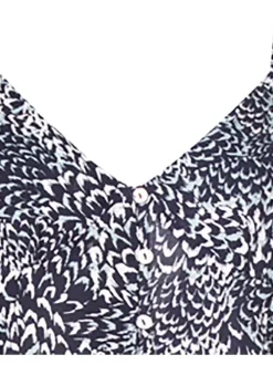 Robe longue bleue imprimée abstrait avec une coupe droite fluide et un col v