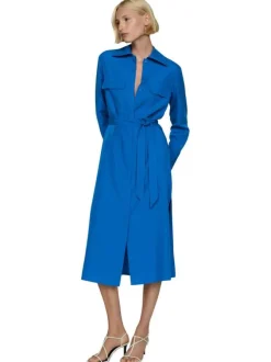 Robe longue bleue électrique unie avec une coupe droite et un col français