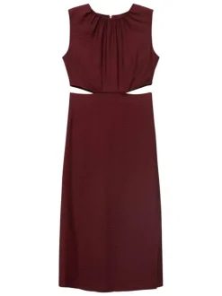 Robe longue bordeaux imprimée sans manches avec une coupe droite à col rond
