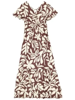 Robe longue brune à imprimé floral avec une coupe ajustée et un col v