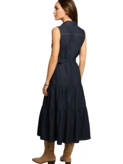 Robe longue brut unie ajustée à col français et sans manches avec ceinture