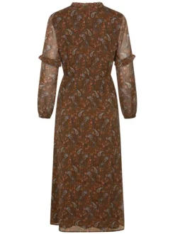 Robe longue caramel imprimée cachemire avec une coupe patineuse col ruffle et à manches longues