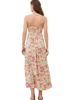 Robe longue écrue à motifs pourvue de fines bretelles réglables