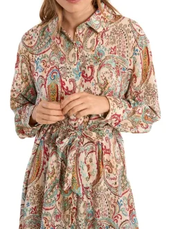 Robe longue écrue à motifs pourvue d'un col chemise et de manches longues