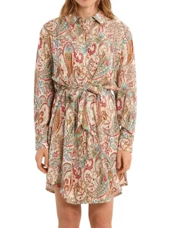 Robe longue écrue à motifs pourvue d'un col chemise et de manches longues