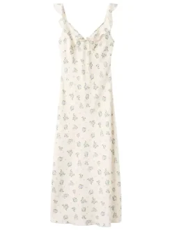 Robe longue écrue à motifs pourvue d'une coupe évasée et d'un col en v
