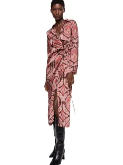 Robe longue Dakota à coupe midi ample, imprimé baroque rouge intégral, à manches longues et nouée à la taille