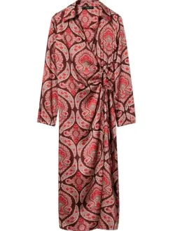 Robe longue Dakota à coupe midi ample, imprimé baroque rouge intégral, à manches longues et nouée à la taille