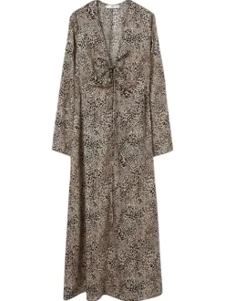 Robe longue Elvis à motifs panthère noir et beige col v et manches longues