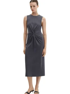 Robe longue en coton anthracite unie avec une coupe droite et un nœud