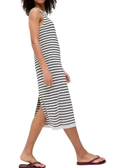 Robe longue en coton blanche à rayures pourvue d'une coupe ajustée