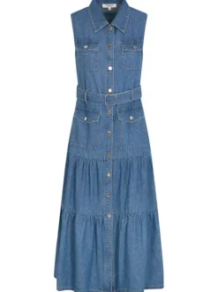 Robe longue en coton bleue coupe évasée pourvue d'un col à revers