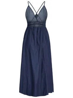 Robe longue en coton bleu foncé pourvue d'une coupe évasée et d'un col v