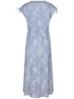 Robe longue en coton ciel à rayures avec une coupe large et un col rond