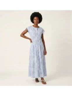 Robe longue en coton ciel à rayures avec une coupe large et un col rond