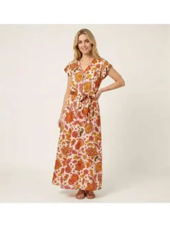 Robe longue en coton écru à motifs pourvue d'une coupe ample et d'un col en V