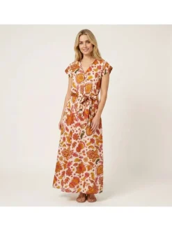 Robe longue en coton écru à motifs pourvue d'une coupe ample et d'un col en V