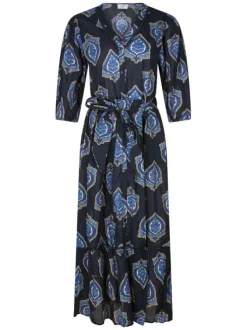 Robe longue en coton marine imprimée pourvue d'une coupe large