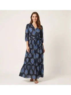 Robe longue en coton marine imprimée pourvue d'une coupe large