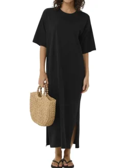 Robe longue en coton noire unie pourvue d'une coupe droite et d'un col rond